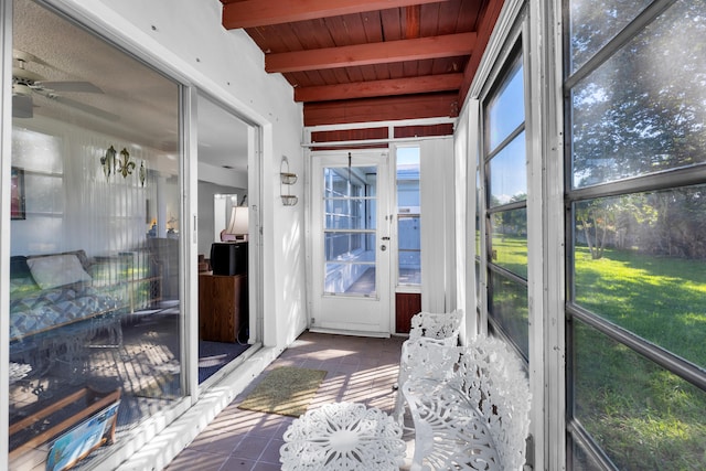 sunroom / solarium with ceiling fan, wood ceiling, and beam ceiling