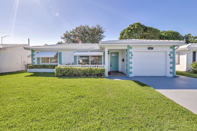 ranch-style house with a front yard and a garage