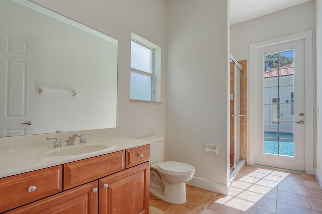 bathroom with tile patterned flooring, vanity, toilet, and a shower with door