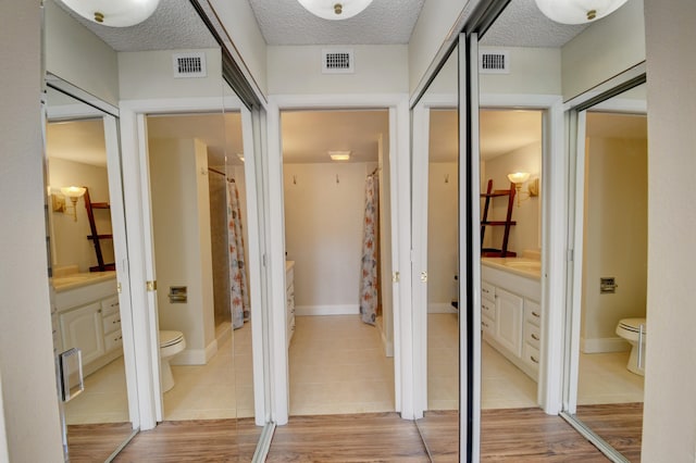 interior space with wood-type flooring, vanity, and toilet