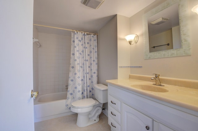 full bathroom with shower / bath combo with shower curtain, tile patterned flooring, vanity, and toilet