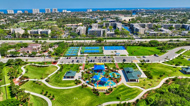 bird's eye view with a water view