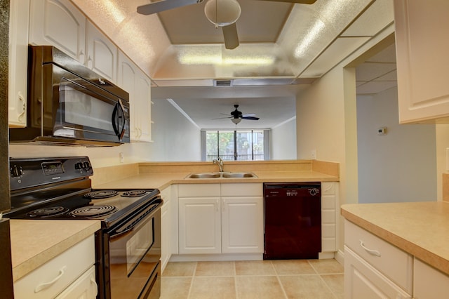 kitchen with white cabinets, light tile patterned floors, black appliances, ceiling fan, and sink