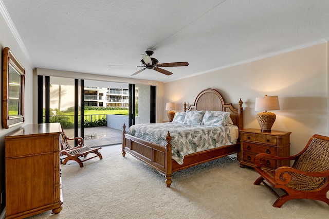 bedroom with ceiling fan, a textured ceiling, light colored carpet, and access to exterior