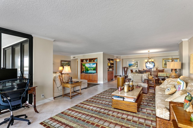 tiled living room with ornamental molding and a textured ceiling