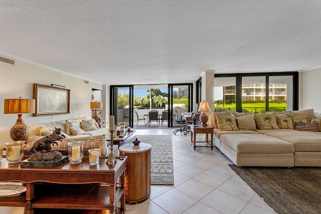 tiled living room with expansive windows, crown molding, and plenty of natural light