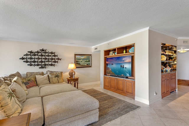 living room featuring ornamental molding, a textured ceiling, built in features, and light tile patterned floors