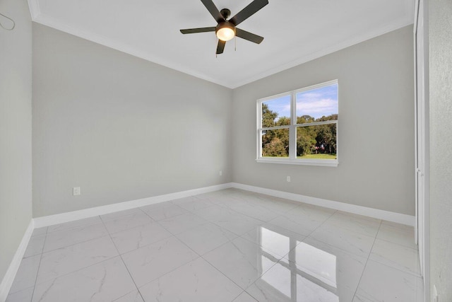 empty room featuring ceiling fan and crown molding