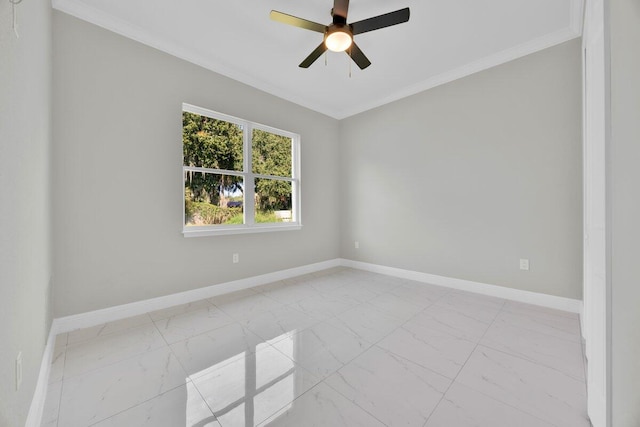 unfurnished room featuring ornamental molding and ceiling fan