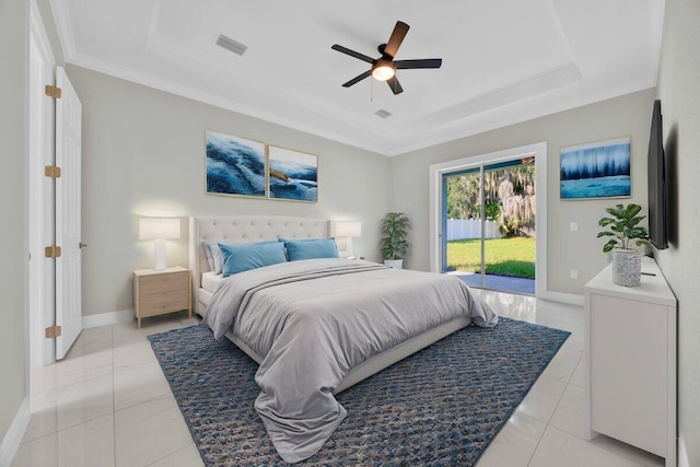 bedroom with ceiling fan, a raised ceiling, access to outside, and crown molding