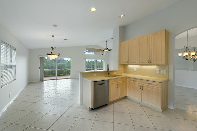 kitchen with kitchen peninsula, sink, light brown cabinets, dishwasher, and lofted ceiling