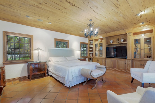 tiled bedroom with crown molding, wood ceiling, and an inviting chandelier