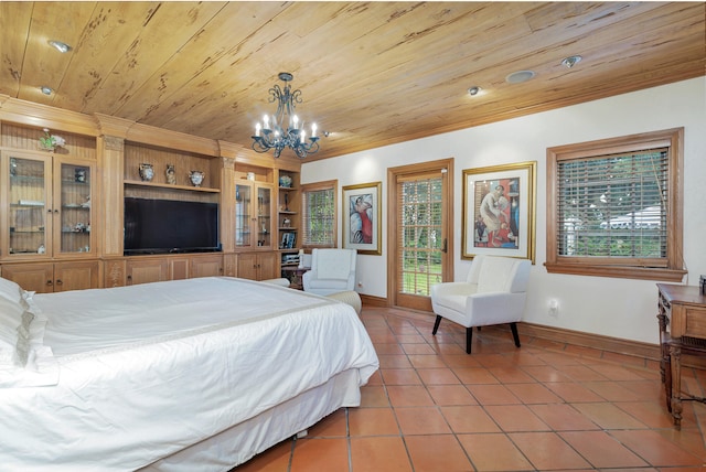 bedroom featuring wooden ceiling, an inviting chandelier, and tile patterned floors