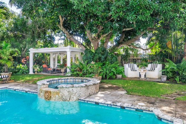 view of swimming pool with a gazebo, an in ground hot tub, and a patio