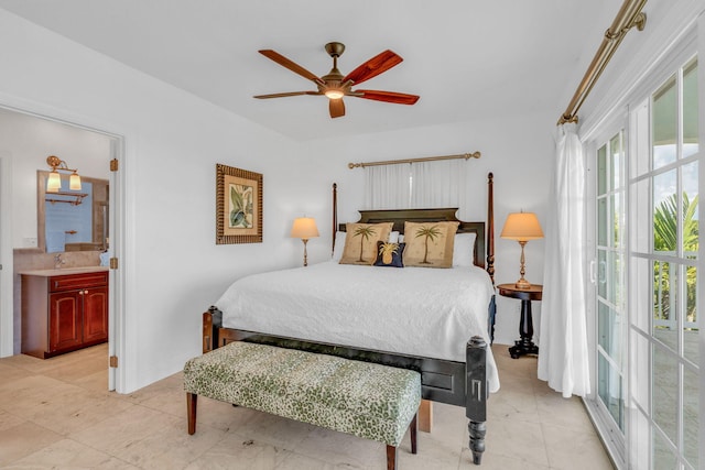 bedroom with connected bathroom, sink, and ceiling fan