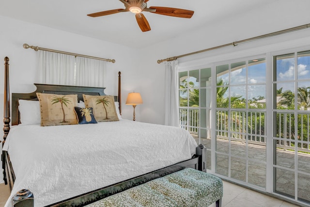 bedroom with ceiling fan and light tile patterned floors