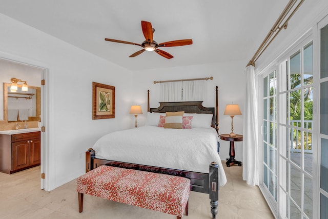 bedroom featuring ceiling fan and ensuite bathroom