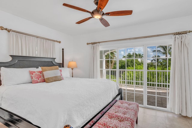 bedroom featuring ceiling fan, light tile patterned floors, and access to exterior