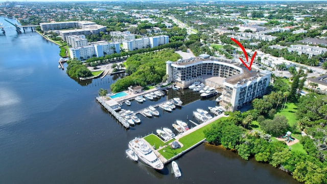 aerial view featuring a water view