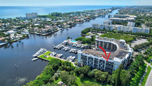 drone / aerial view featuring a water view