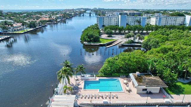 birds eye view of property featuring a water view