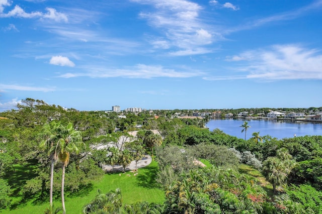 drone / aerial view featuring a water view