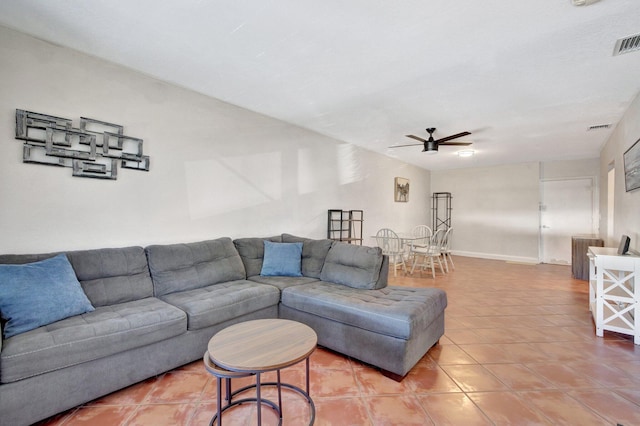 living room featuring ceiling fan and tile patterned flooring