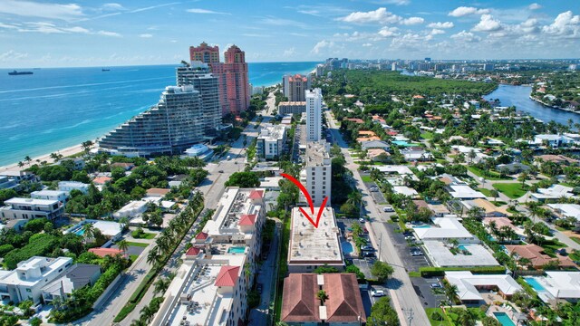 drone / aerial view featuring a water view