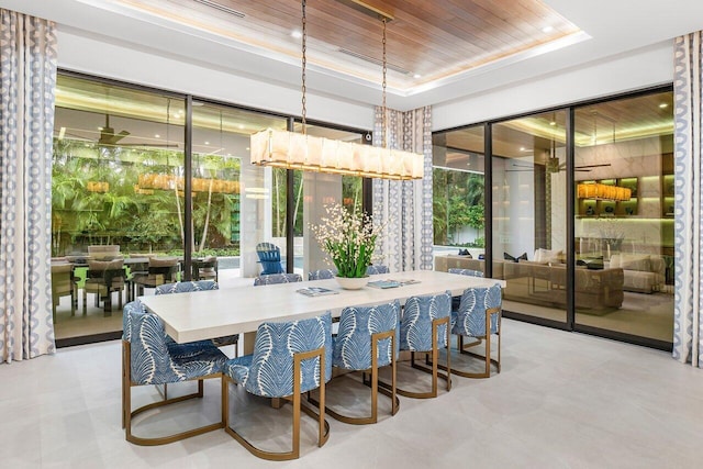 dining area with an inviting chandelier, a raised ceiling, wooden ceiling, and sink