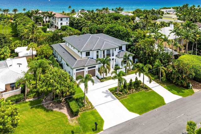 aerial view featuring a water view