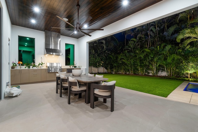 dining space featuring wooden ceiling and ceiling fan