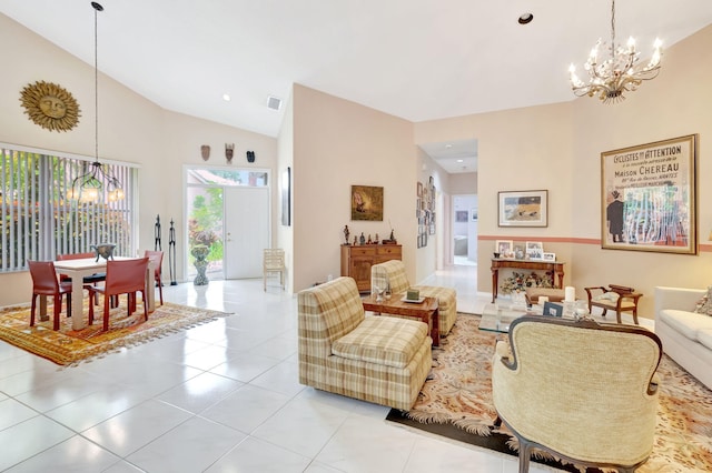 living room with an inviting chandelier, high vaulted ceiling, and light tile patterned flooring