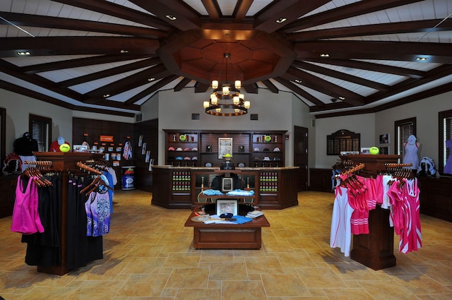 living room with wood ceiling, beam ceiling, and a high ceiling