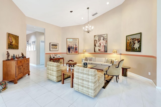 tiled living room featuring vaulted ceiling and a chandelier