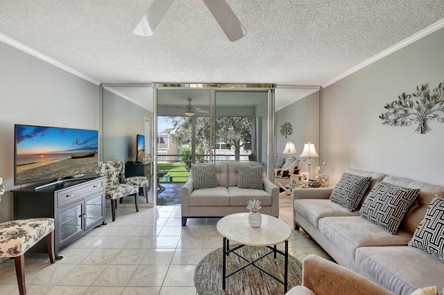 tiled living room featuring ceiling fan, crown molding, and a textured ceiling