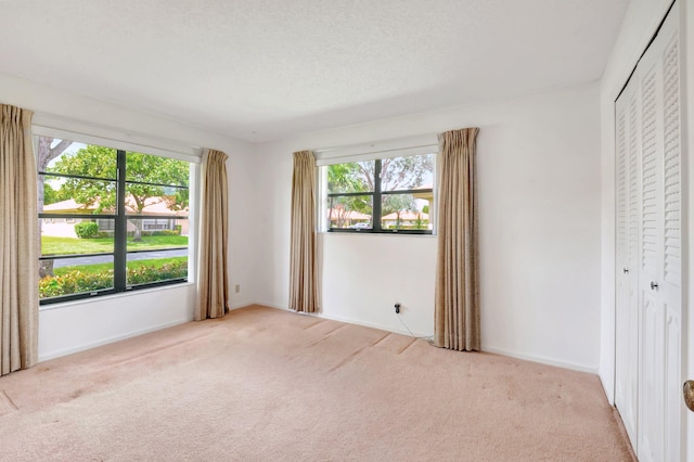 unfurnished bedroom featuring light colored carpet, a textured ceiling, a closet, and multiple windows