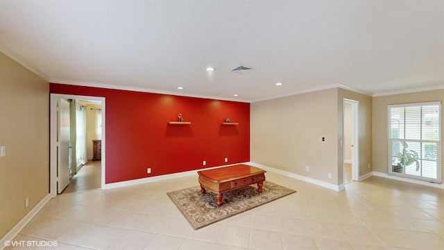 interior space with crown molding, light tile patterned floors, visible vents, and recessed lighting