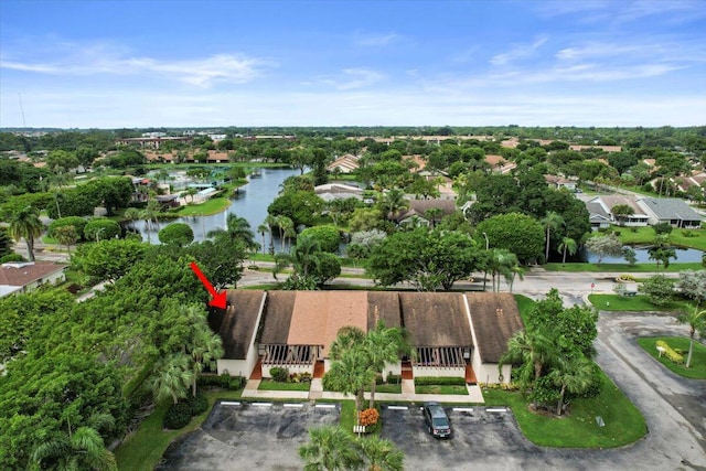 drone / aerial view with a water view