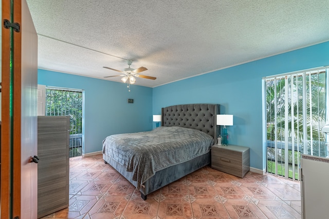 bedroom featuring ceiling fan and a textured ceiling