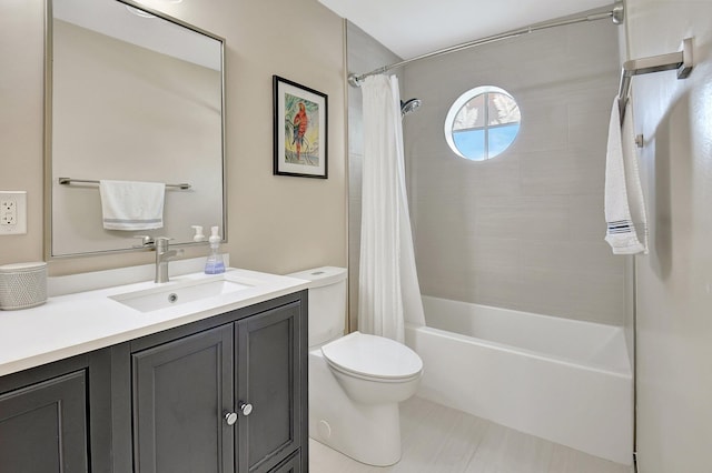 full bathroom featuring shower / tub combo with curtain, vanity, toilet, and tile patterned floors