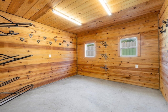 unfurnished room featuring wood ceiling, wood walls, and plenty of natural light