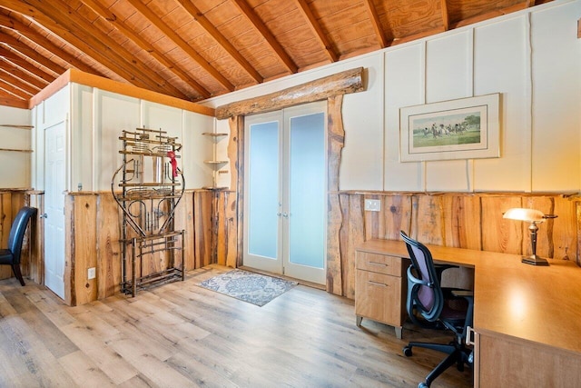 home office with french doors, vaulted ceiling with beams, light wood-type flooring, and wooden ceiling