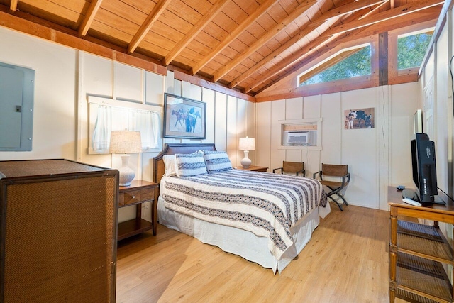 bedroom with electric panel, wood ceiling, lofted ceiling with beams, and light hardwood / wood-style floors