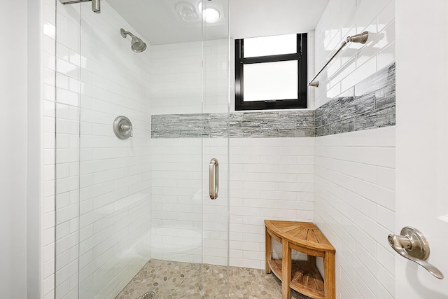 bathroom featuring a shower with shower door