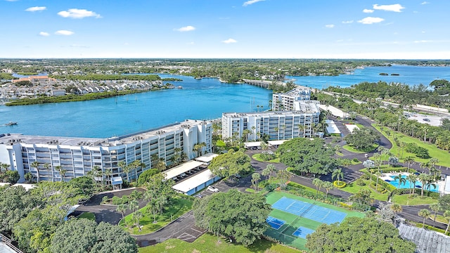 birds eye view of property featuring a water view