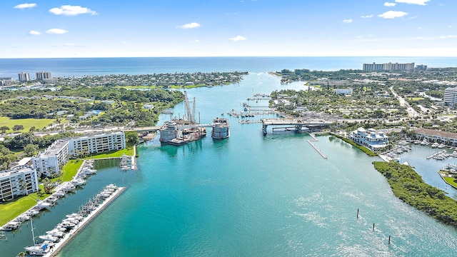 bird's eye view with a water view