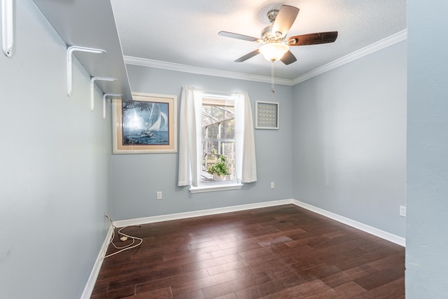 unfurnished room with a textured ceiling, crown molding, dark hardwood / wood-style floors, and ceiling fan