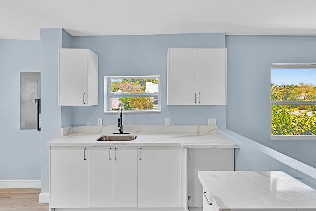 kitchen featuring light stone counters, white cabinetry, sink, and electric panel