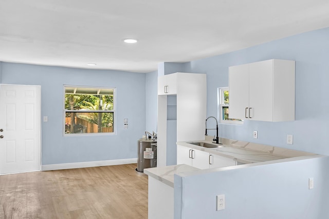 kitchen with electric water heater, white cabinets, sink, light hardwood / wood-style floors, and kitchen peninsula