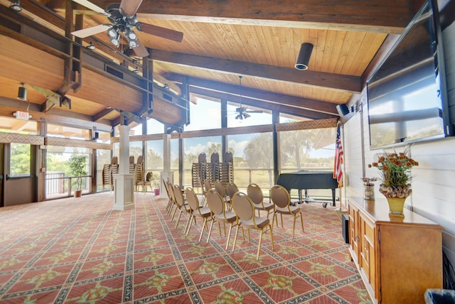 unfurnished sunroom with wooden ceiling, lofted ceiling with beams, and ceiling fan